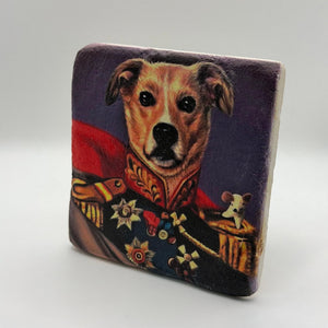 Patriotic military dog artwork printed on square travertine stone coaster