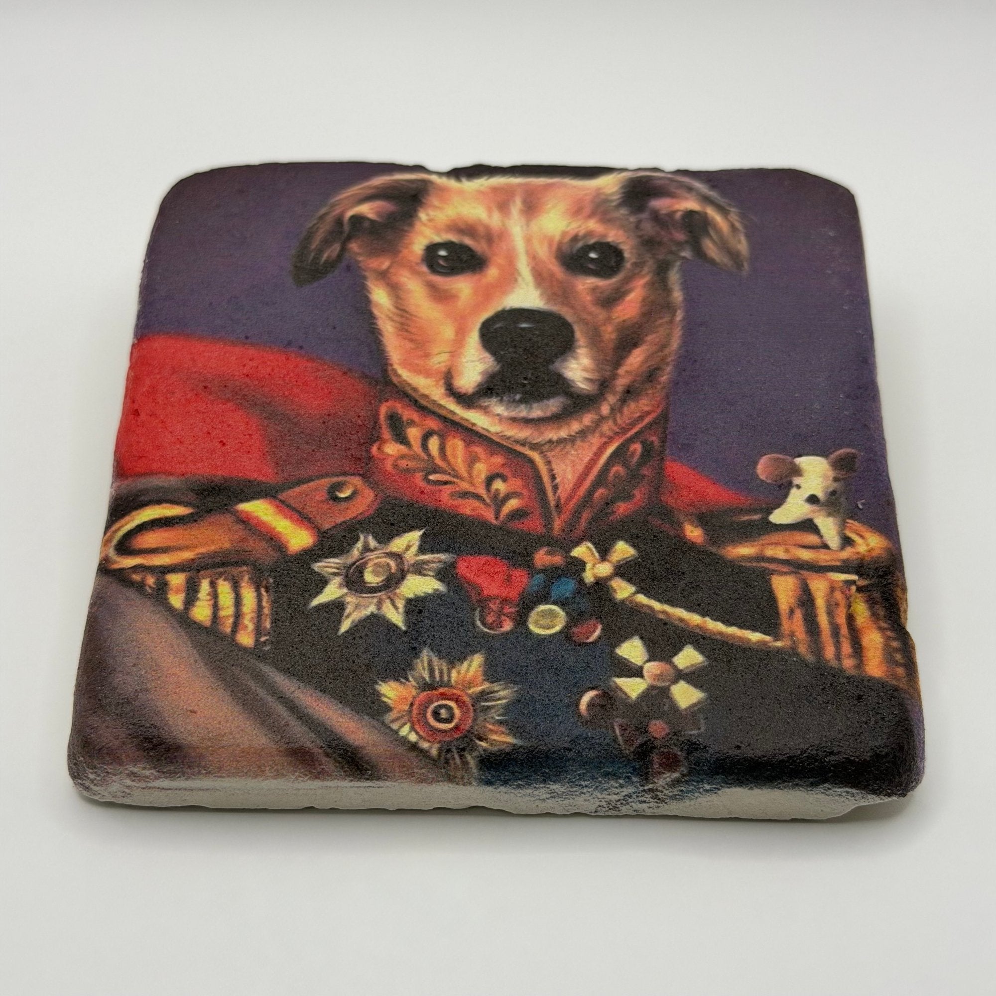 Patriotic military dog artwork printed on square travertine stone coaster