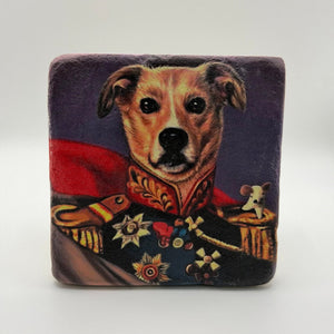 Patriotic military dog artwork printed on square travertine stone coaster