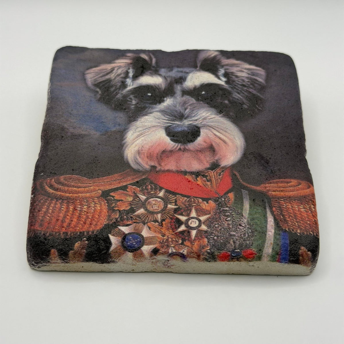 Military dog portrait printed on square travertine stone coaster