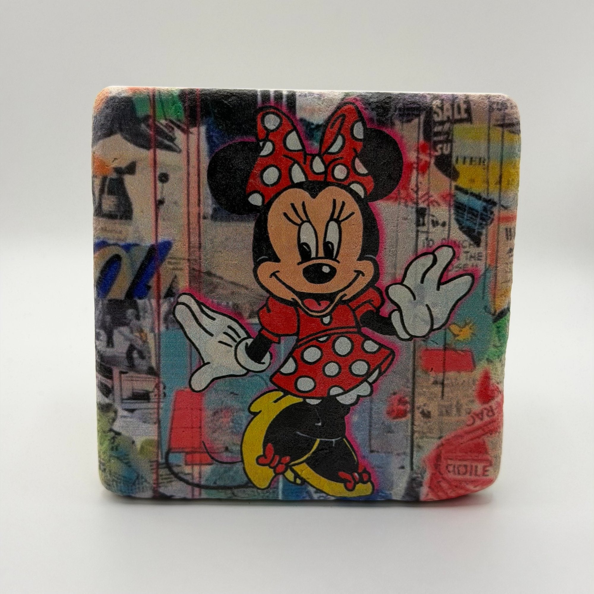 Minnie Mouse finger pop art printed on square travertine stone coaster