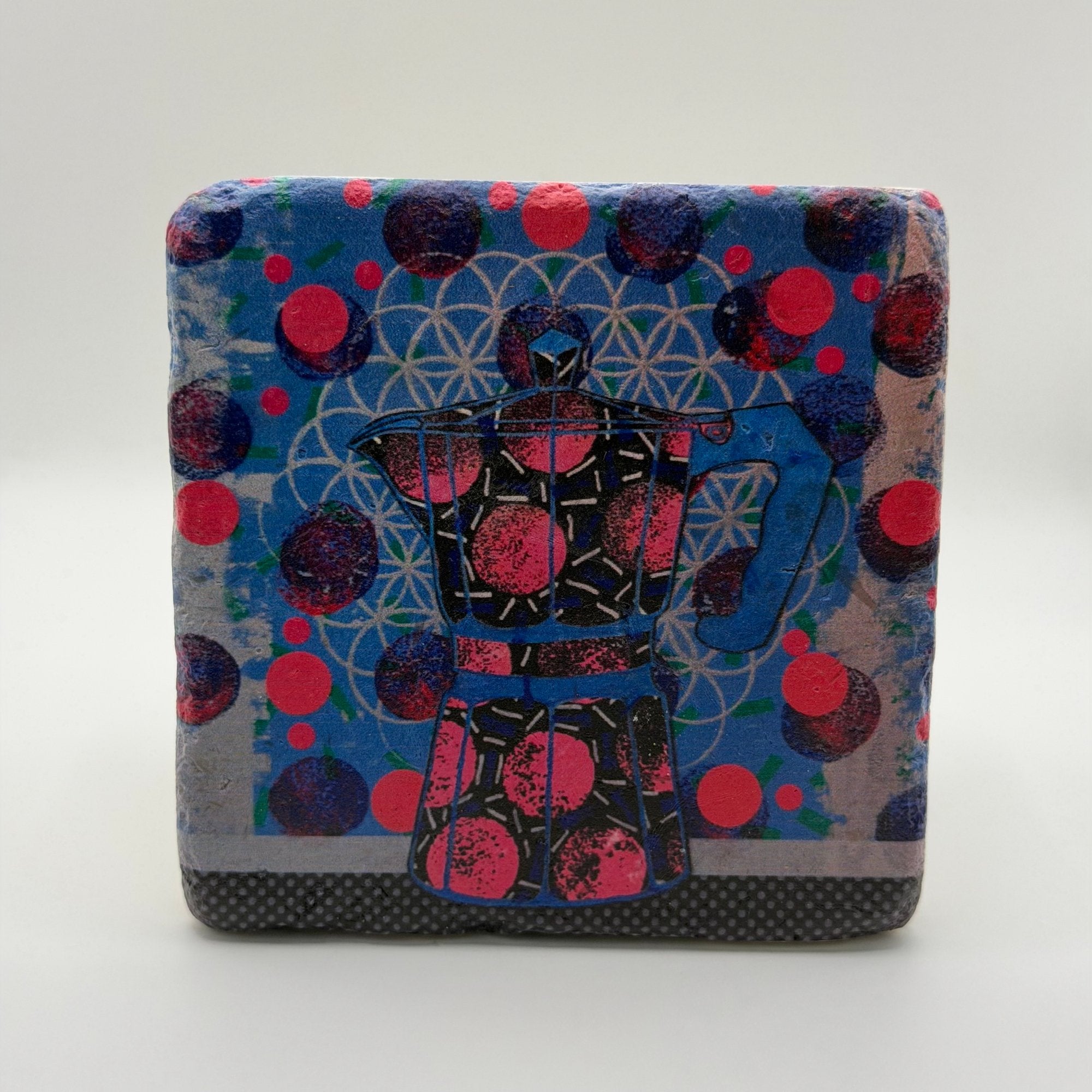 Mocha Pot Blue artwork printed on square travertine stone coaster