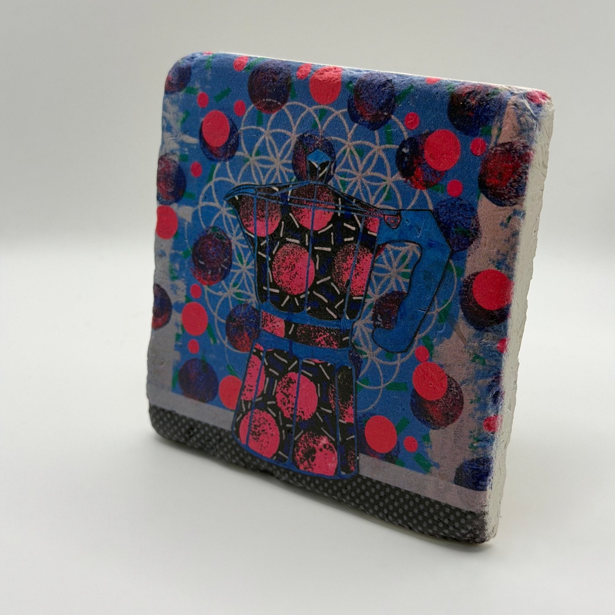 Mocha Pot Blue artwork printed on square travertine stone coaster