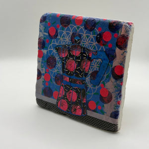 Mocha Pot Blue artwork printed on square travertine stone coaster