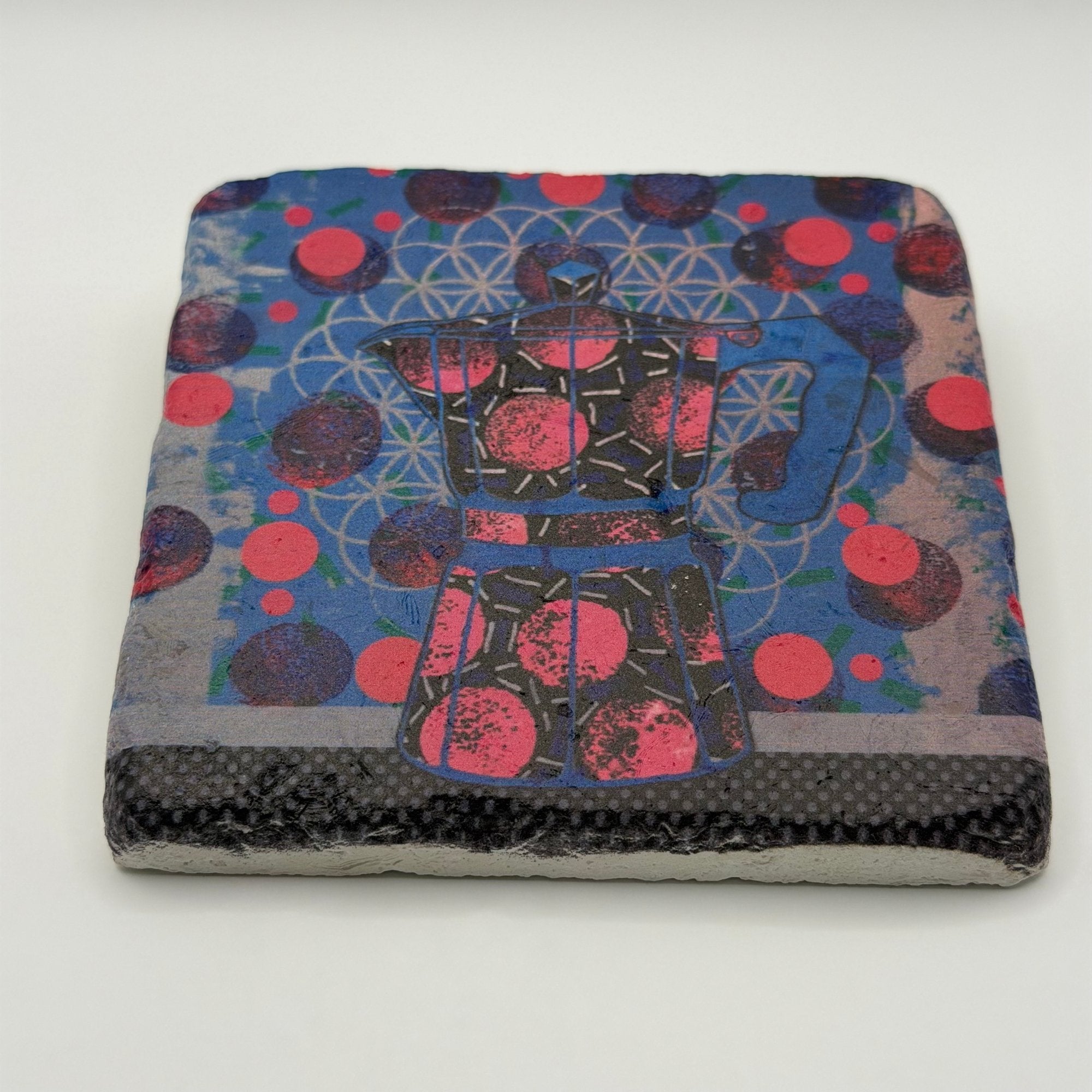 Mocha Pot Blue artwork printed on square travertine stone coaster