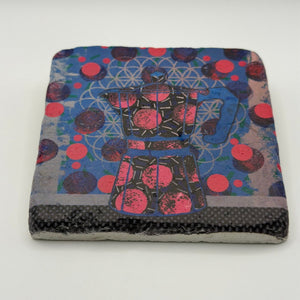 Mocha Pot Blue artwork printed on square travertine stone coaster