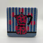 Vintage Mocha Pot artwork printed on square natural travertine stone coaster