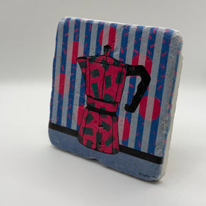 Vintage Mocha Pot artwork printed on square natural travertine stone coaster