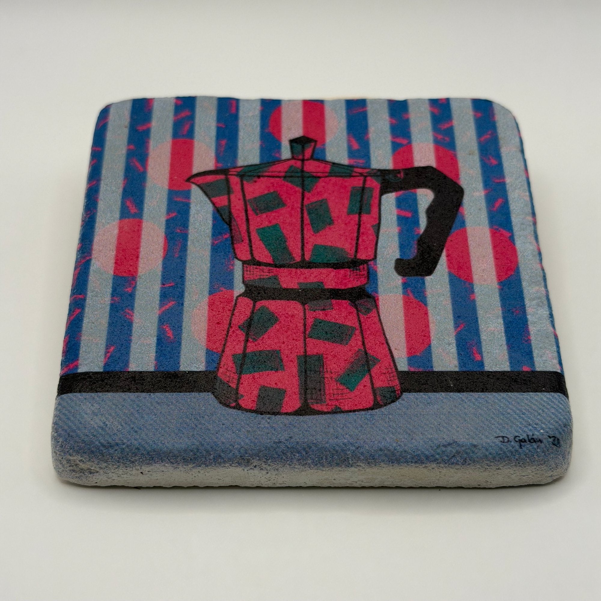 Vintage Mocha Pot artwork printed on square natural travertine stone coaster