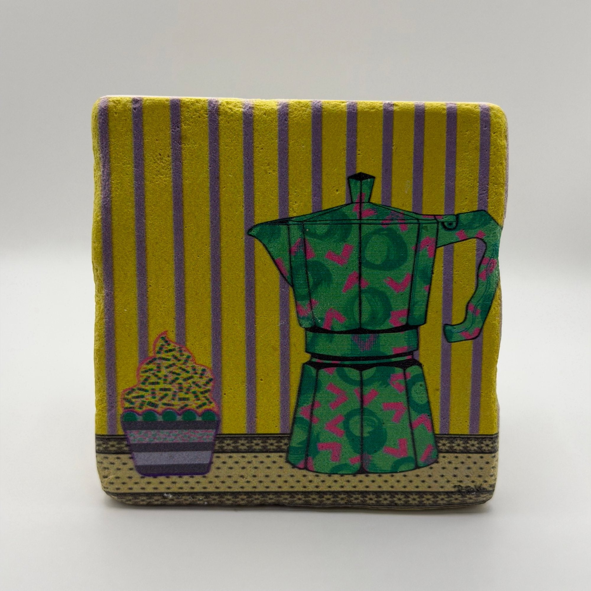 Yellow Mocha Pot artwork printed on square travertine stone coaster