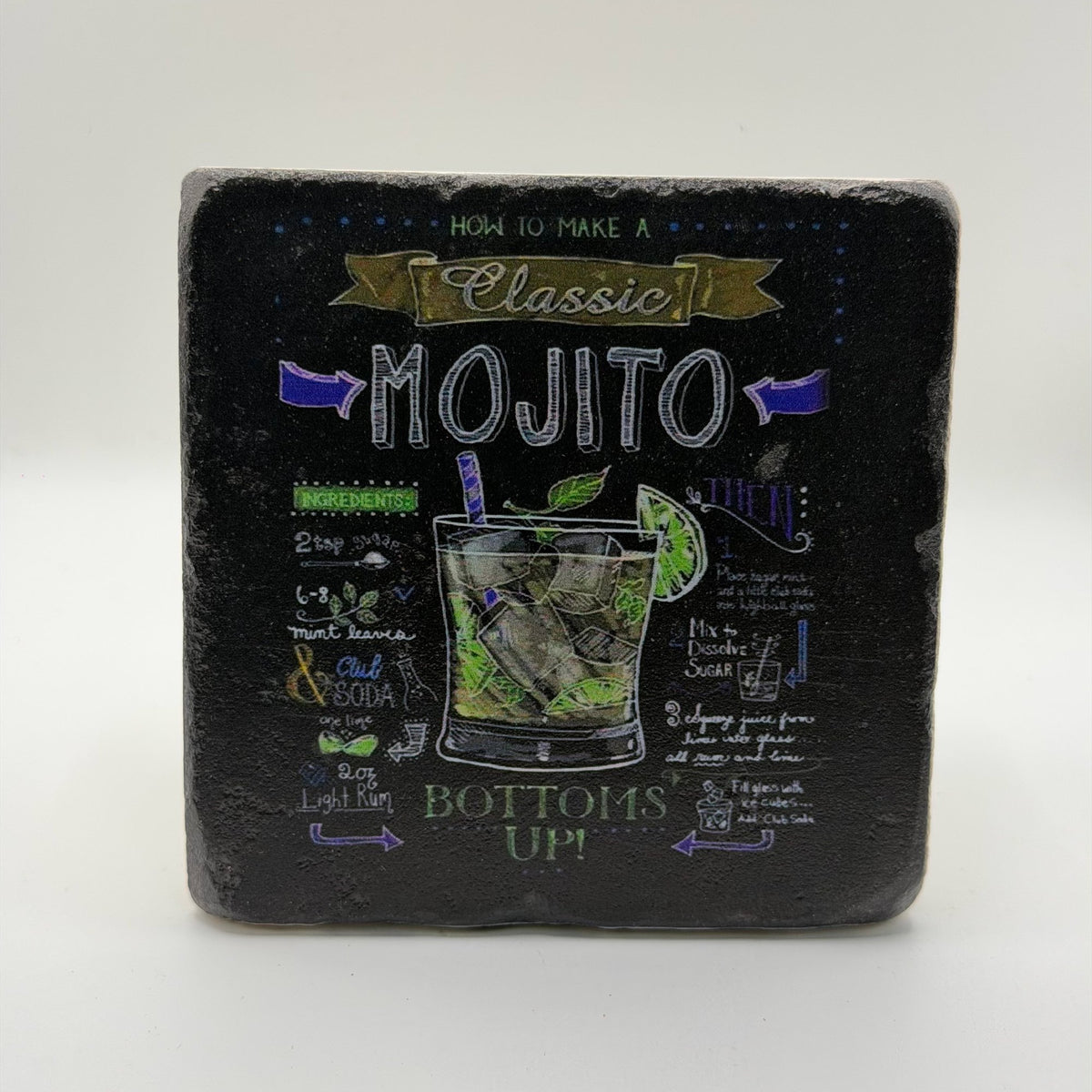Classic mojito artwork printed on square travertine stone coaster