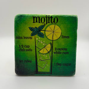 Mojito cocktail artwork printed on square travertine stone coaster