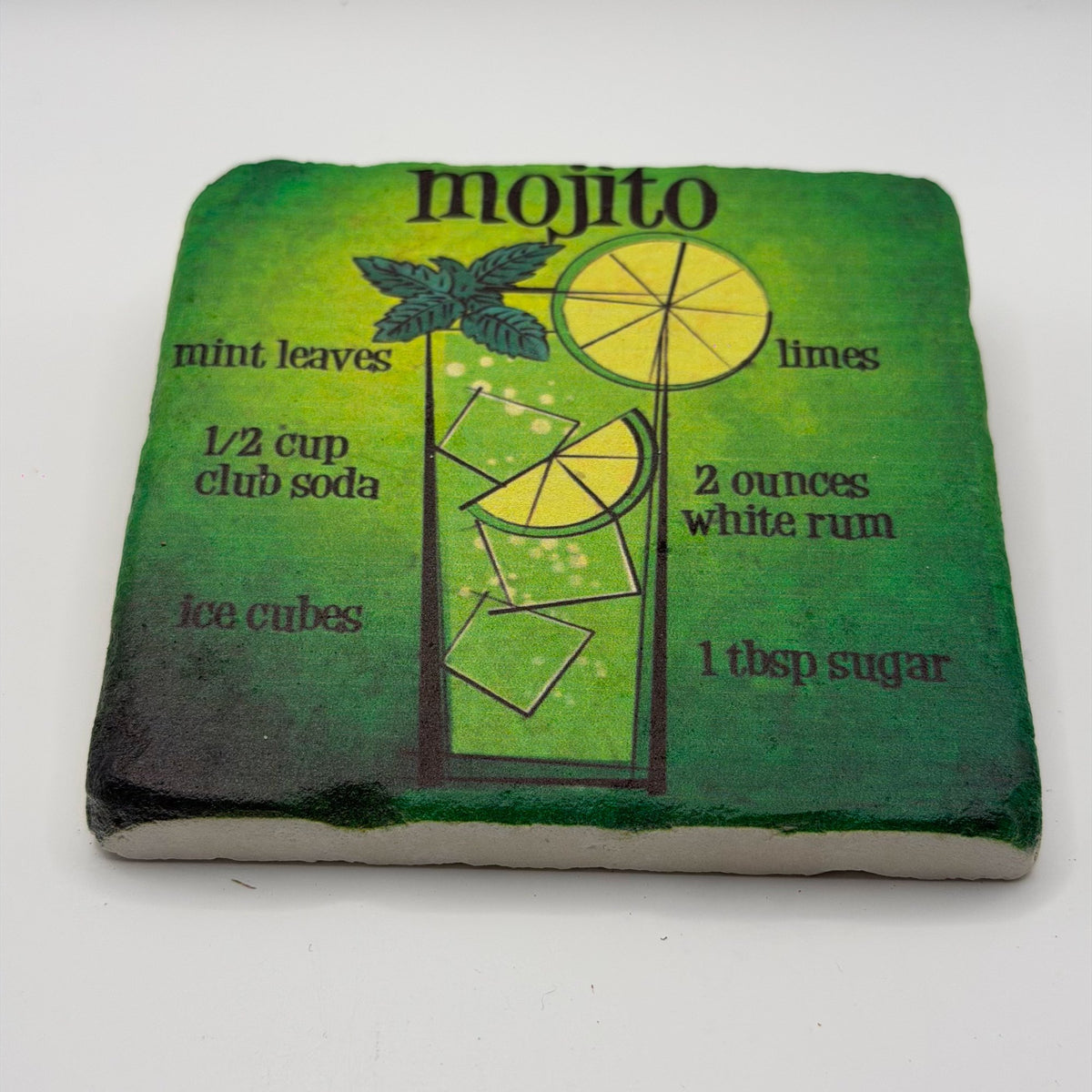 Mojito cocktail artwork printed on square travertine stone coaster