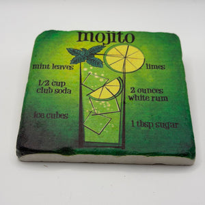 Mojito cocktail artwork printed on square travertine stone coaster