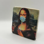 Mona Lisa portrait printed on square travertine stone coaster