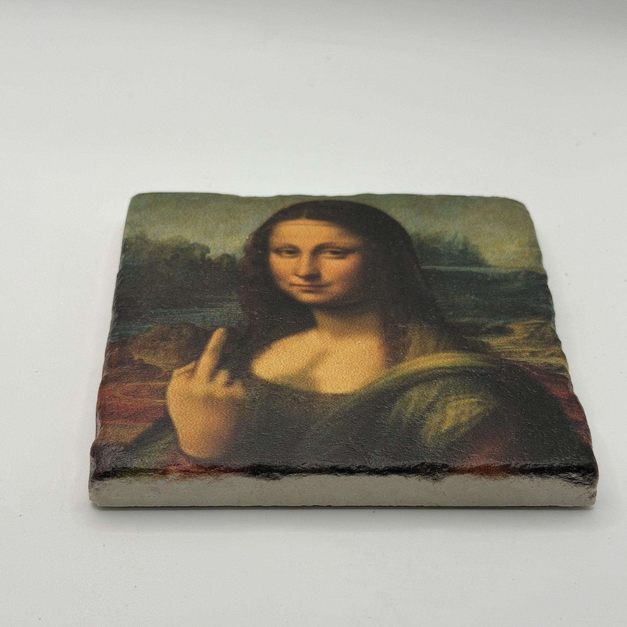 Mona Lisa Middle Finger Natural Travertine Stone Coaster premium artwork