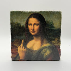 Mona Lisa Middle Finger Natural Travertine Stone Coaster premium artwork