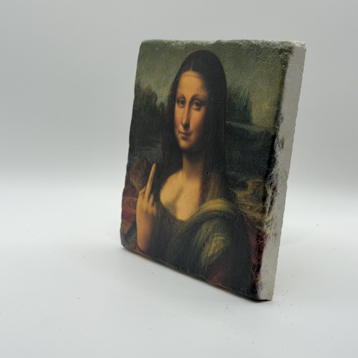 Mona Lisa Middle Finger Natural Travertine Stone Coaster premium artwork