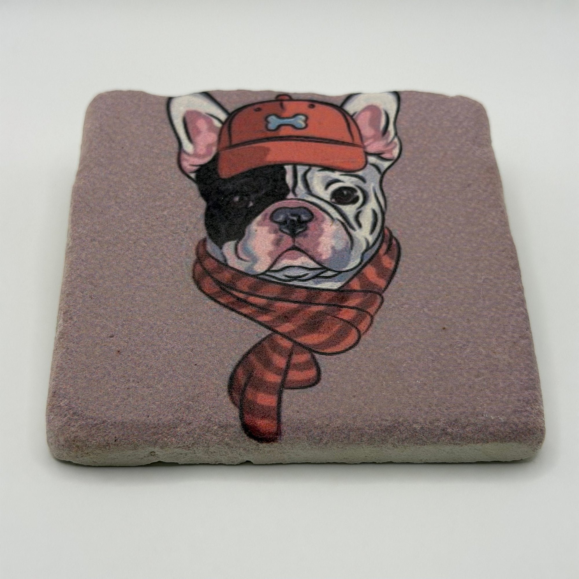 Mr. French Bulldog artwork printed on premium natural travertine stone coaster