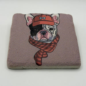 Mr. French Bulldog artwork printed on premium natural travertine stone coaster