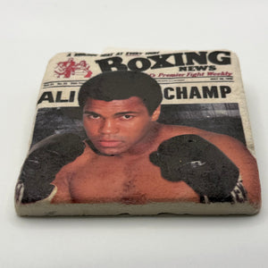 Muhammad Ali portrait printed on square travertine stone coaster