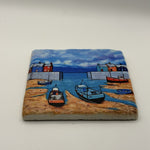 Nature Scene With Boats Natural Travertine Stone Coaster artwork
