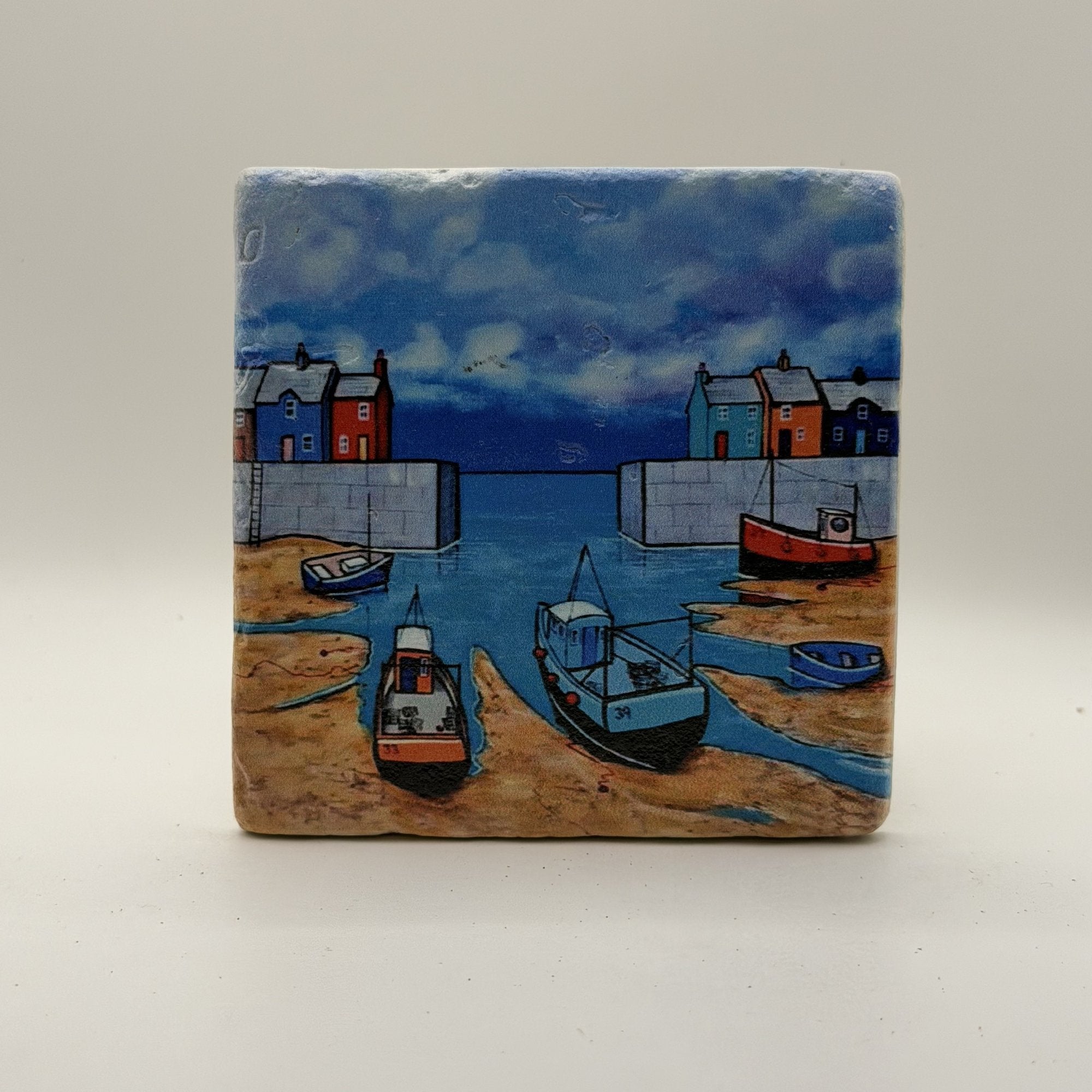 Nature Scene With Boats Natural Travertine Stone Coaster artwork