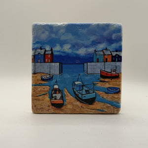 Nature Scene With Boats Natural Travertine Stone Coaster artwork