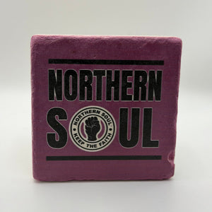 Northern Soul slogan printed on square travertine stone coaster