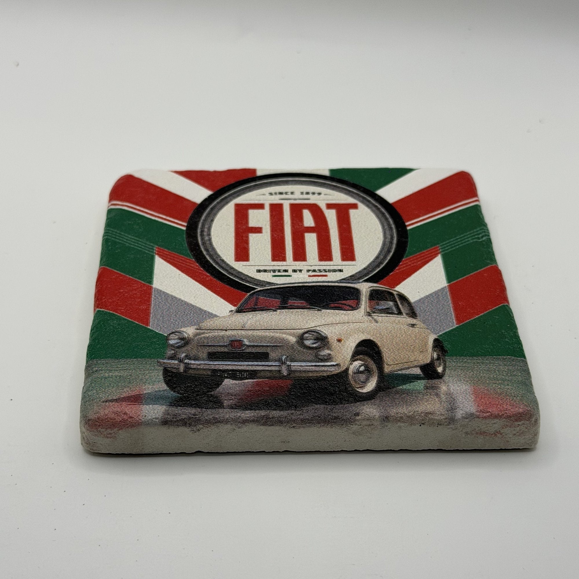 Nostalgic Italian Fiat 500 Natural Travertine Stone Coaster 1