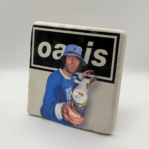 Oasis group artwork printed on square travertine stone coaster