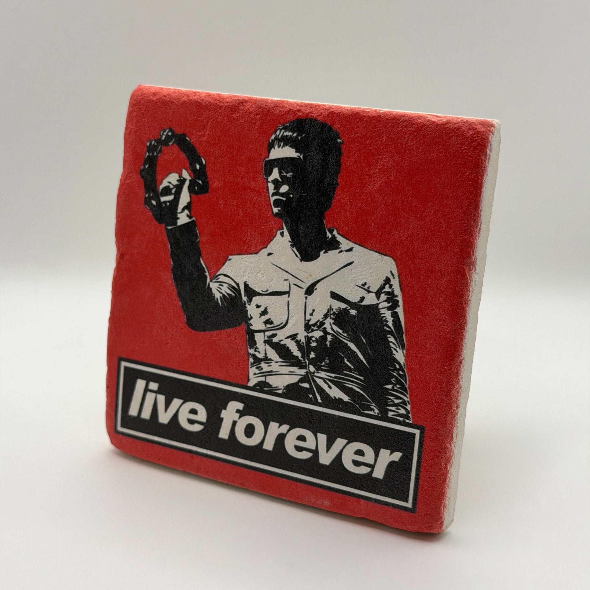 Oasis logo artwork printed on square travertine stone coaster