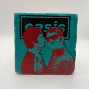 Oasis pop art printed on square travertine stone coaster