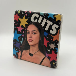 Olivia Rodrigo artwork printed on square travertine stone coaster