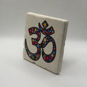 Om Aum Namaste mantra printed on square natural travertine stone coaster
