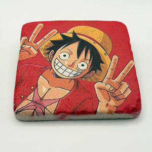 One Piece Luffy artwork printed on square travertine stone coaster