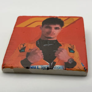 Oscar Piastri portrait printed on square travertine stone coaster