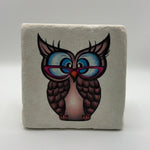 Owl artwork printed on square travertine stone coaster