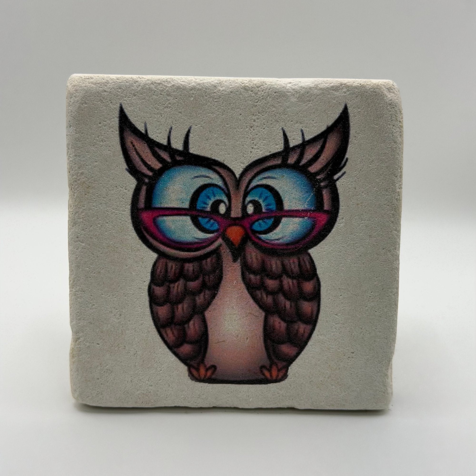 Owl artwork printed on square travertine stone coaster