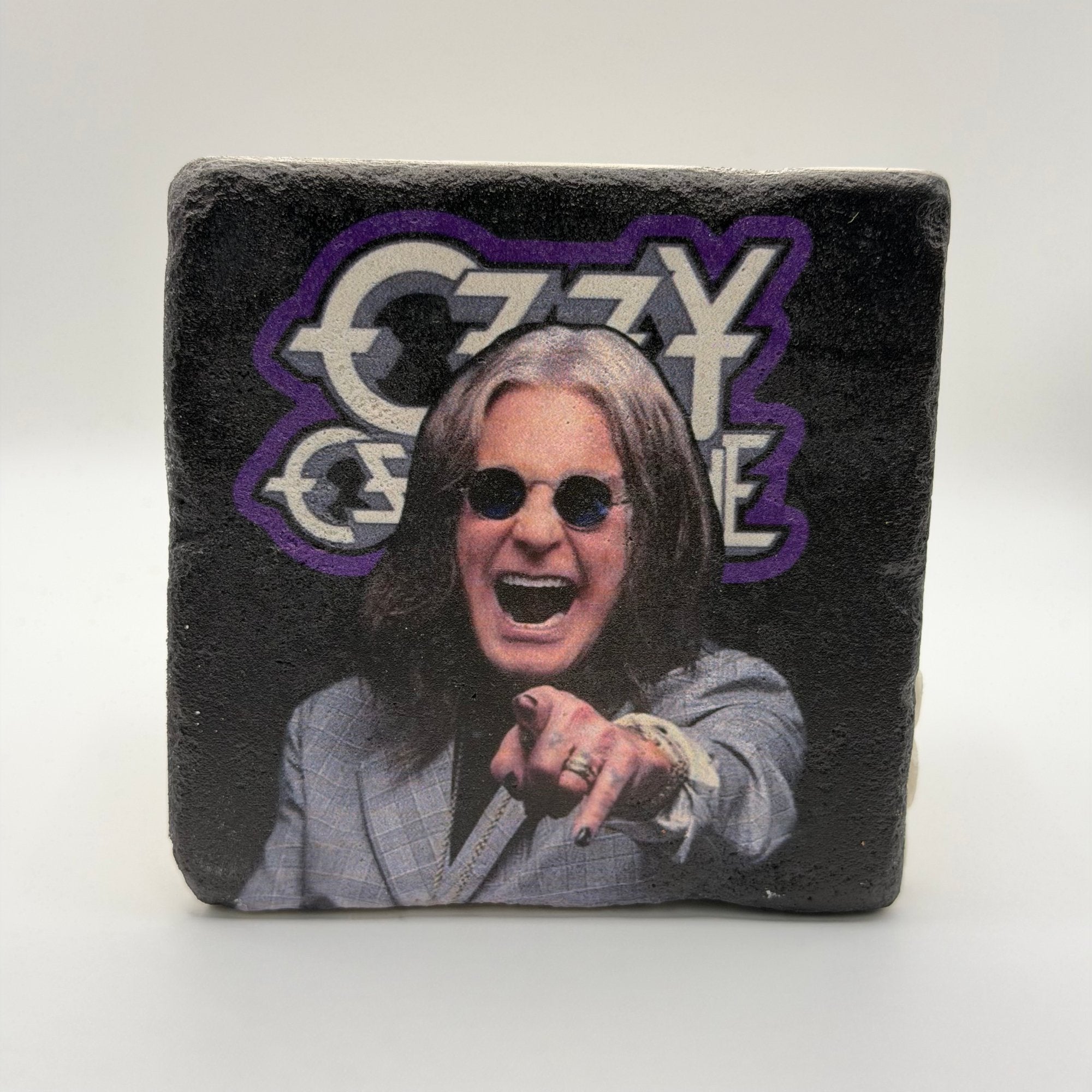 Ozzy Osbourne artwork printed on square travertine stone coaster