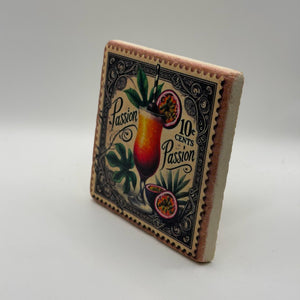 Passion fruit artwork printed on square travertine stone coaster