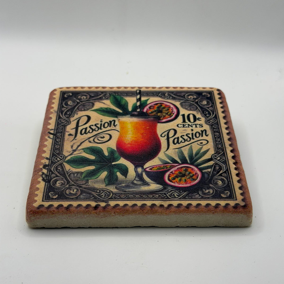 Passion fruit artwork printed on square travertine stone coaster