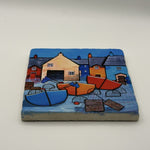 Paul Bursnall Night Seaside Boats Natural Travertine Stone Coaster 1
