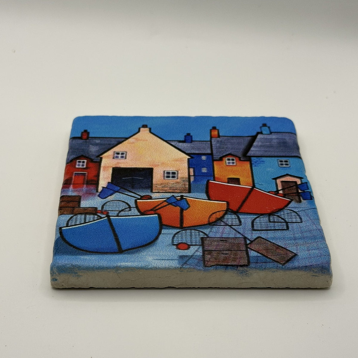 Paul Bursnall Night Seaside Boats Natural Travertine Stone Coaster 1