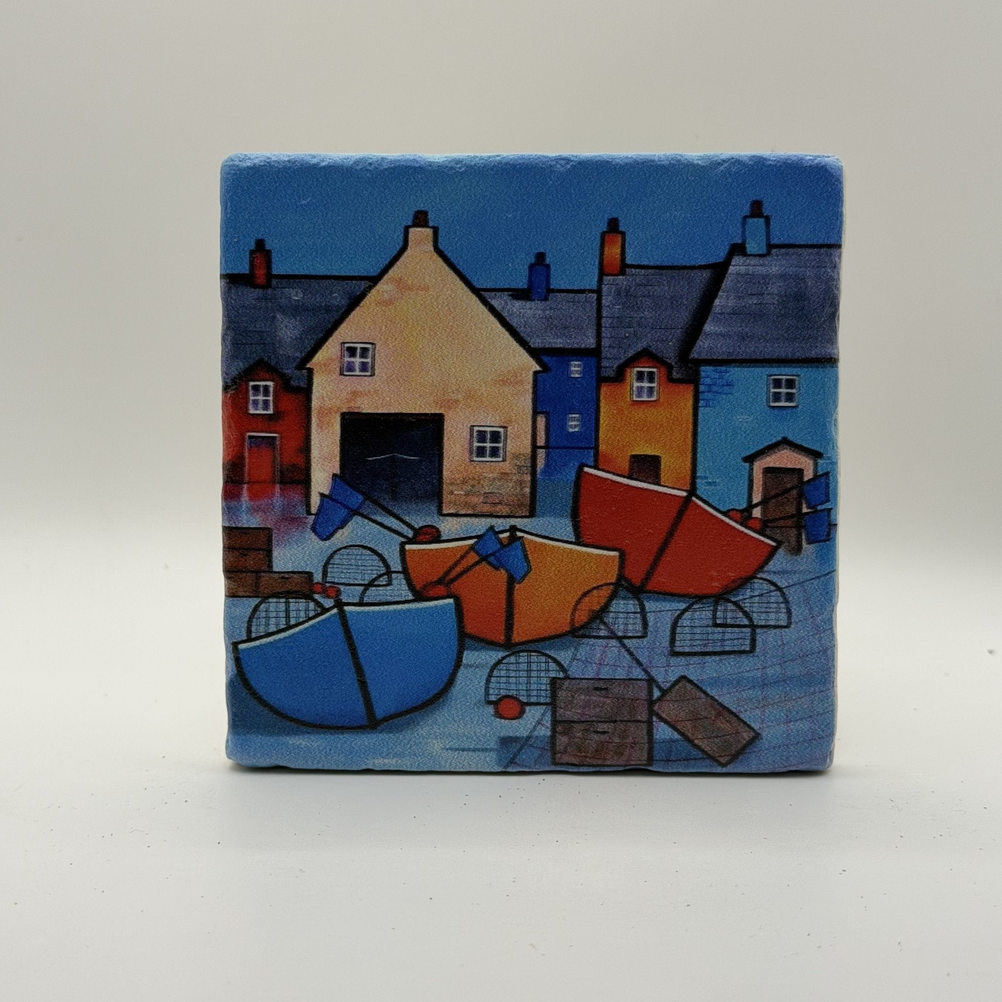Paul Bursnall Night Seaside Boats Natural Travertine Stone Coaster 2