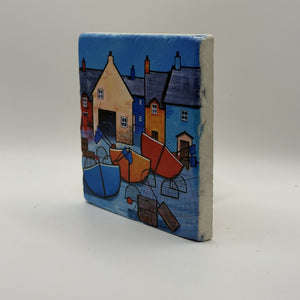 Paul Bursnall Night Seaside Boats Natural Travertine Stone Coaster 3