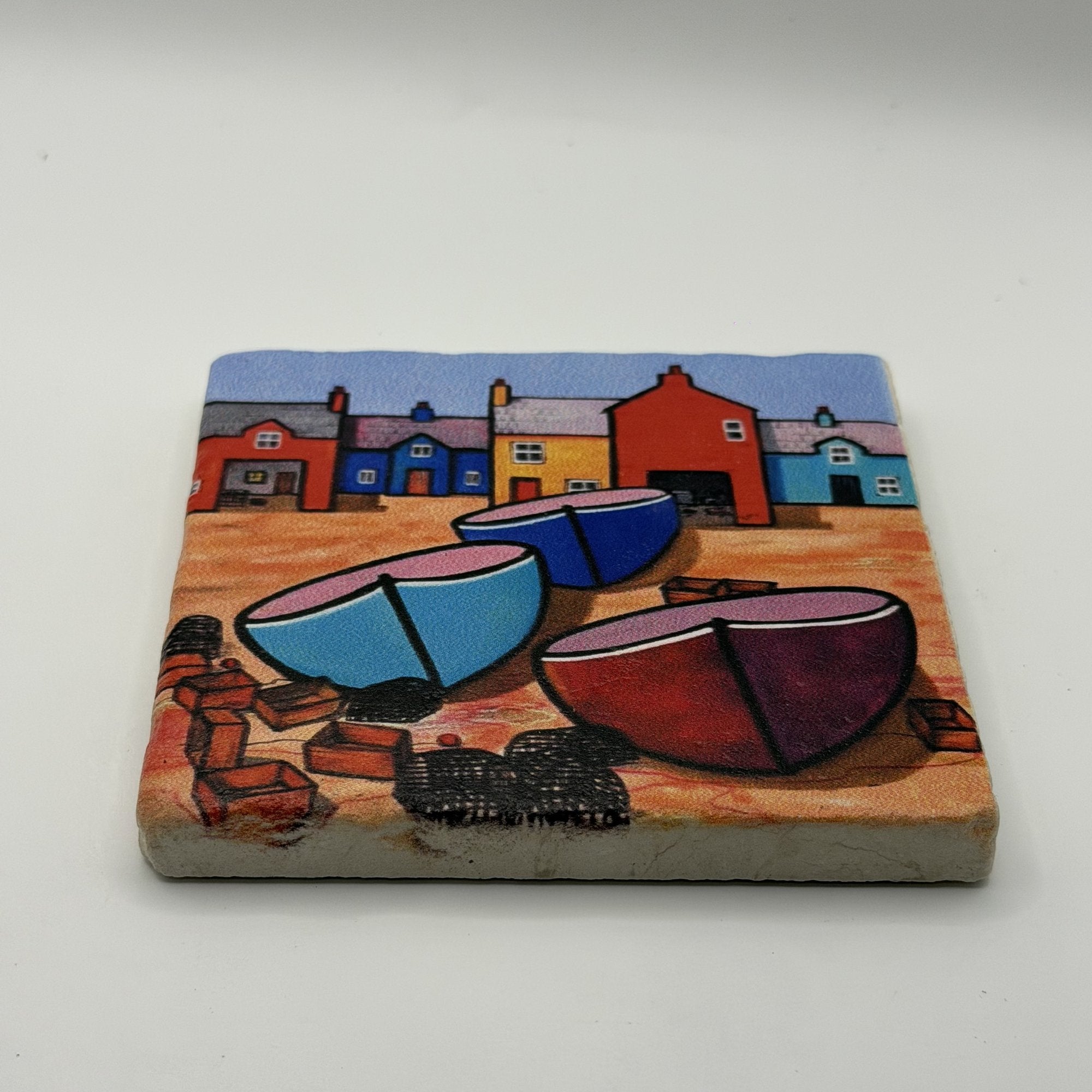 Paul Bursnall Seaside Boats Natural Travertine Stone Coaster 1