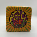 Peace and love slogan printed on square natural travertine stone coaster