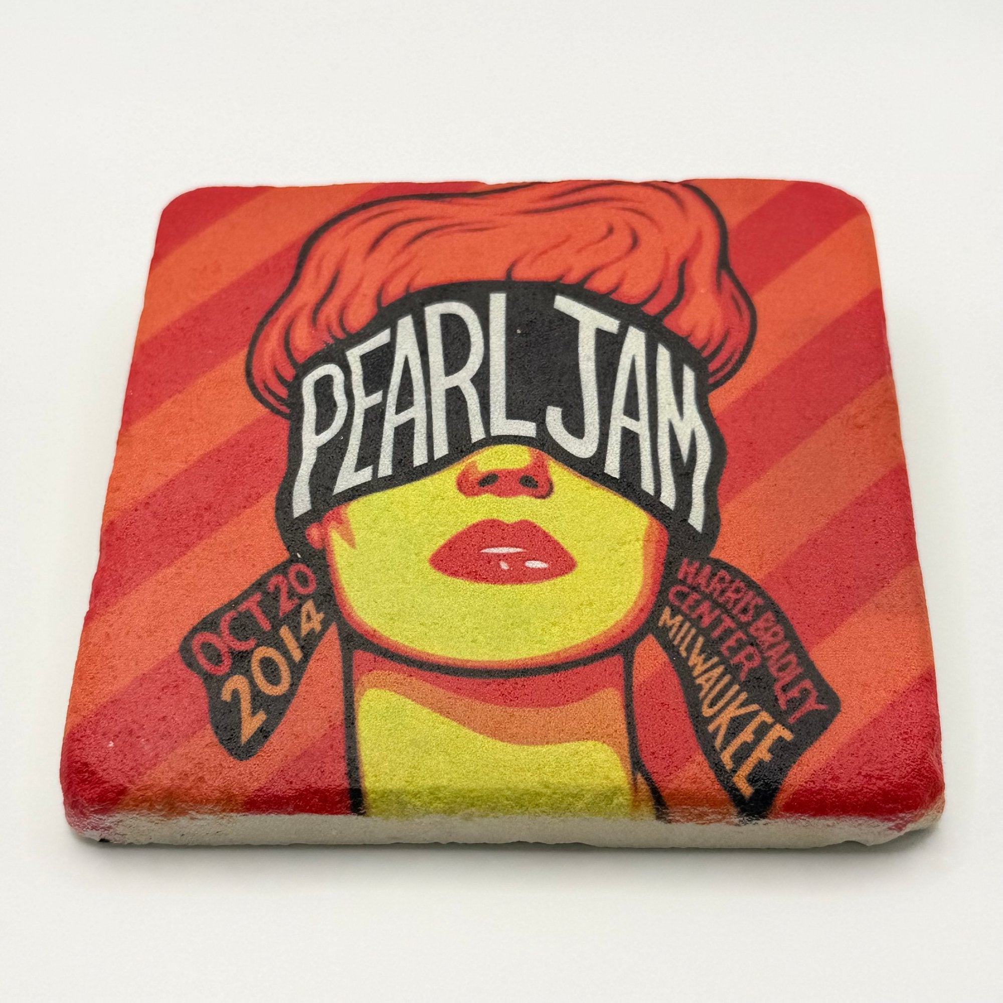 Pearl Jam logo or artwork printed on square travertine stone coaster