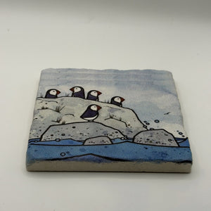 Penguins Natural Travertine Stone Coaster artwork